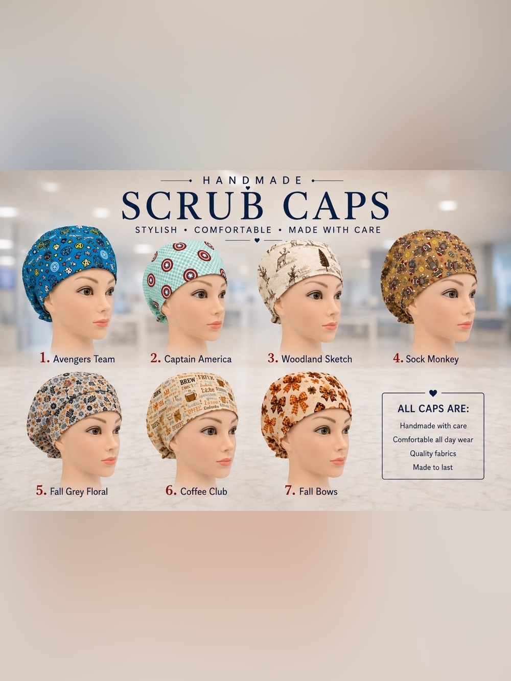 Handmade 100% Cotton Bouffant and Unisex Scrub Caps.